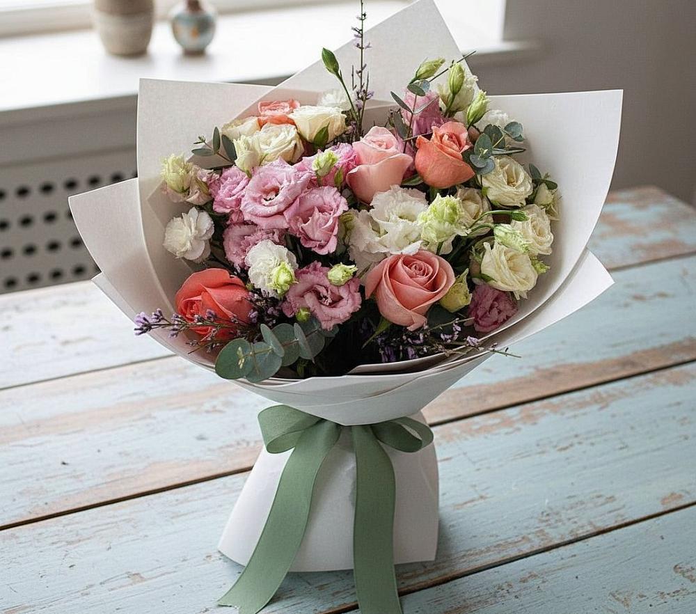 Букет цветов из: Розы, Лизиантусы и Гвоздики в Мирном Республика Крым